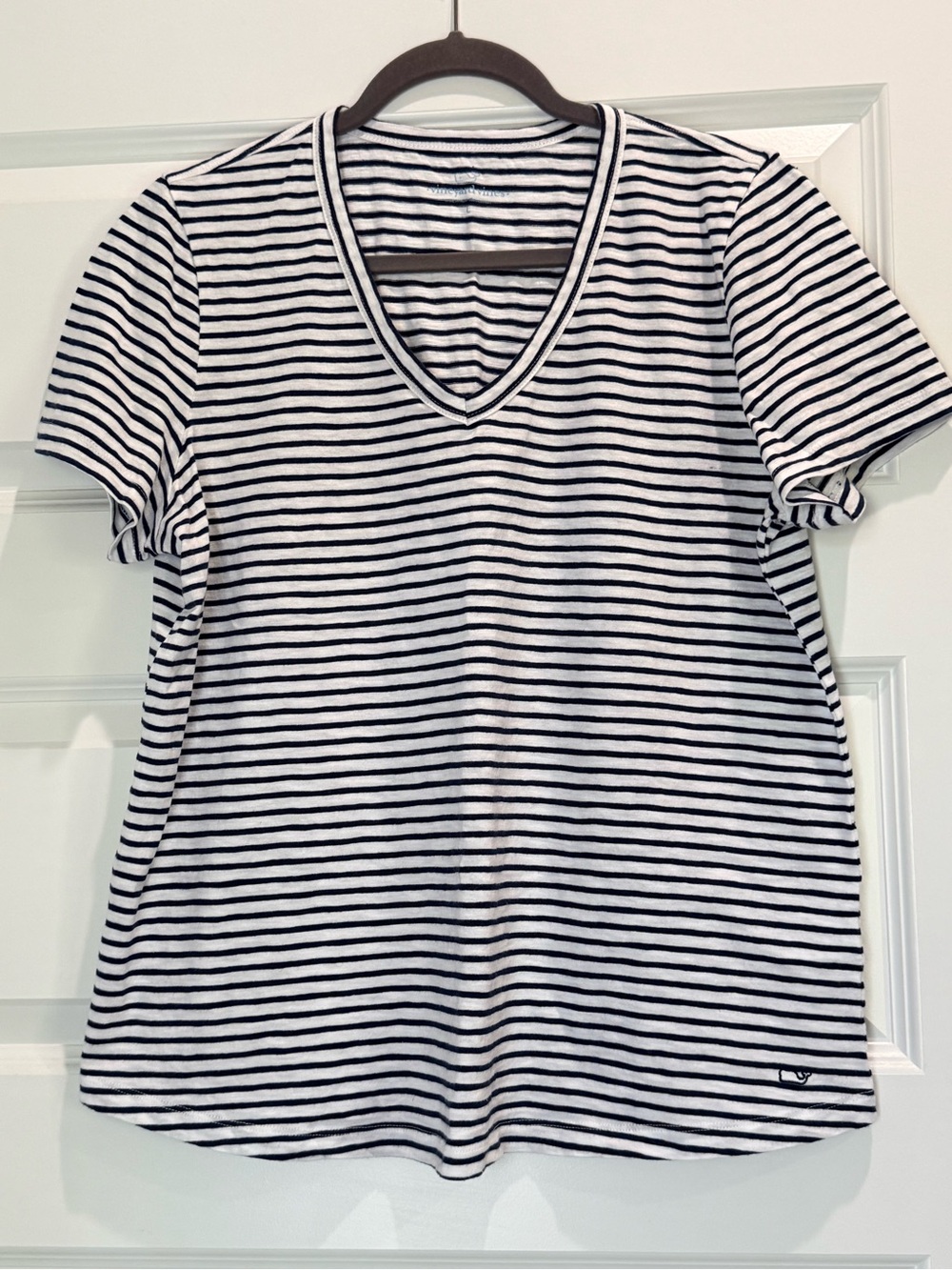 Vineyard Vines Navy & White Striped Whale Logo V‑Neck Tee